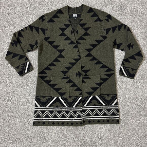 FRYE Cardigan Sweater Womens XL Green Black Aztec Southwestern Duster Open Front - Picture 1 of 9